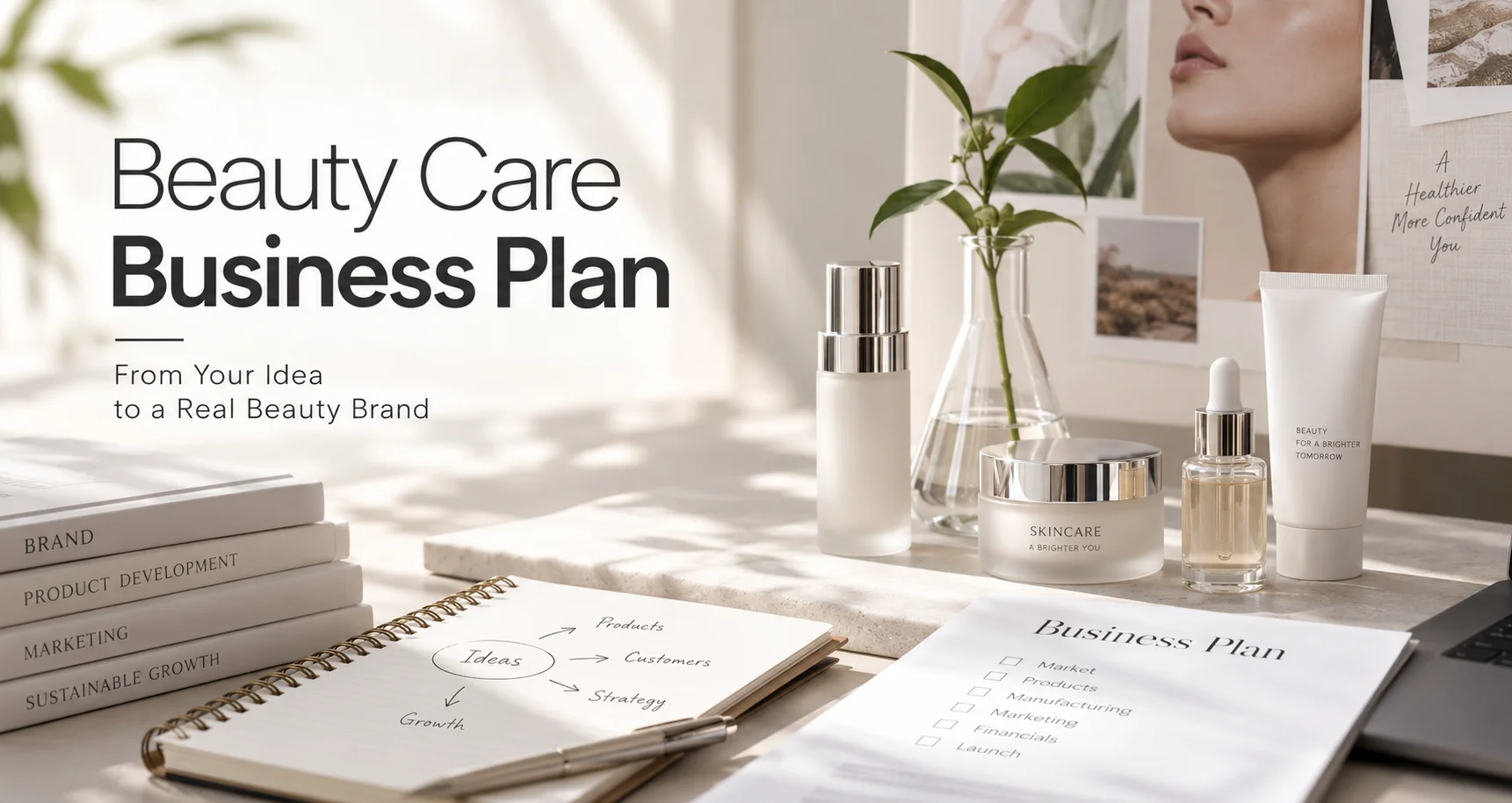 Skincare products, business planning documents, and notebooks arranged on a desk with branding and marketing themes for a beauty business.